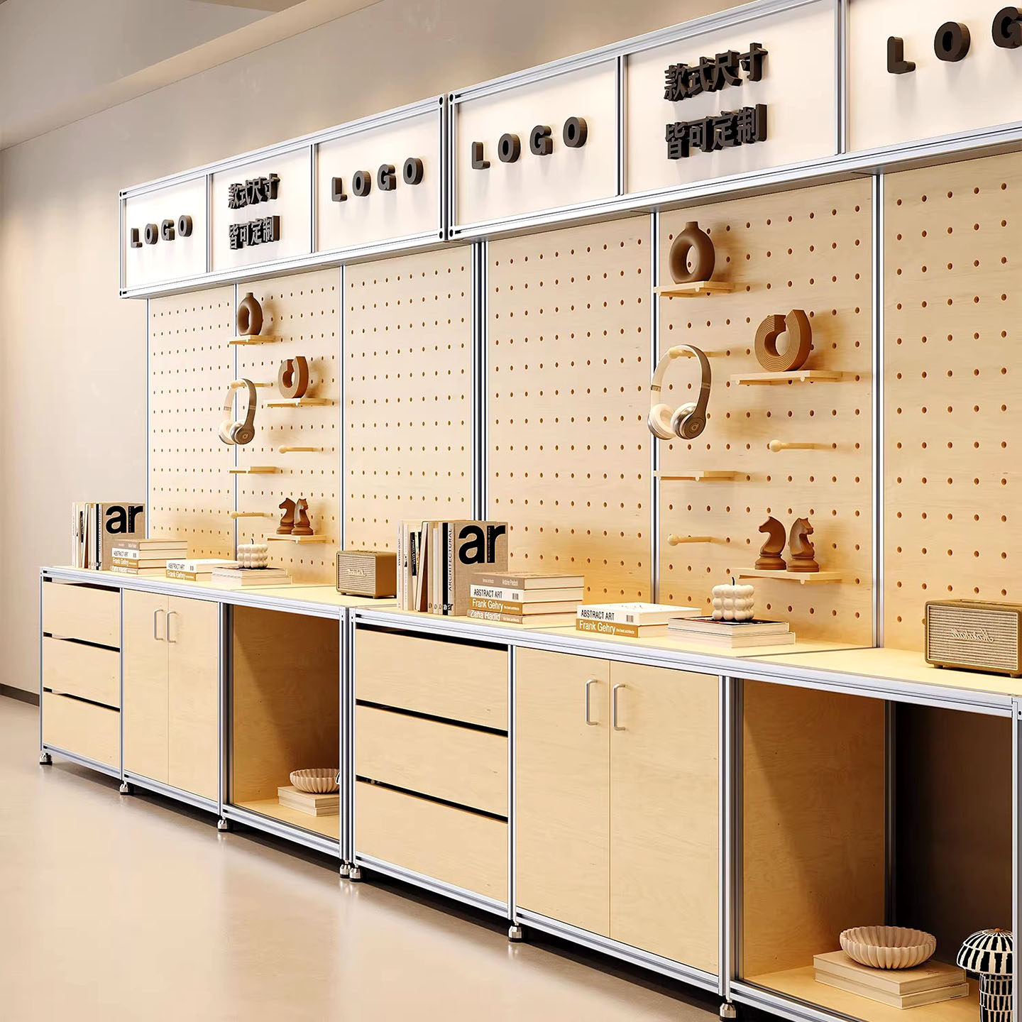 铝型材洞洞板置物架展示柜产品陈列柜落地海洋板文创商超货架带灯