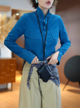 双口袋翻领长袖衬衫女春蓝色别致衬衣2026新款纽扣开衫高级感上衣