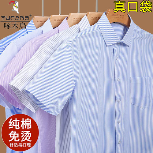 啄木鸟翻领短袖休闲真口袋衬衫夏