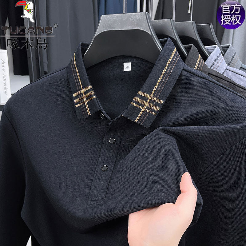 【桑蚕丝+羊毛】啄木鸟爸爸春装长袖t恤男格子翻领宽松大码POLO衫