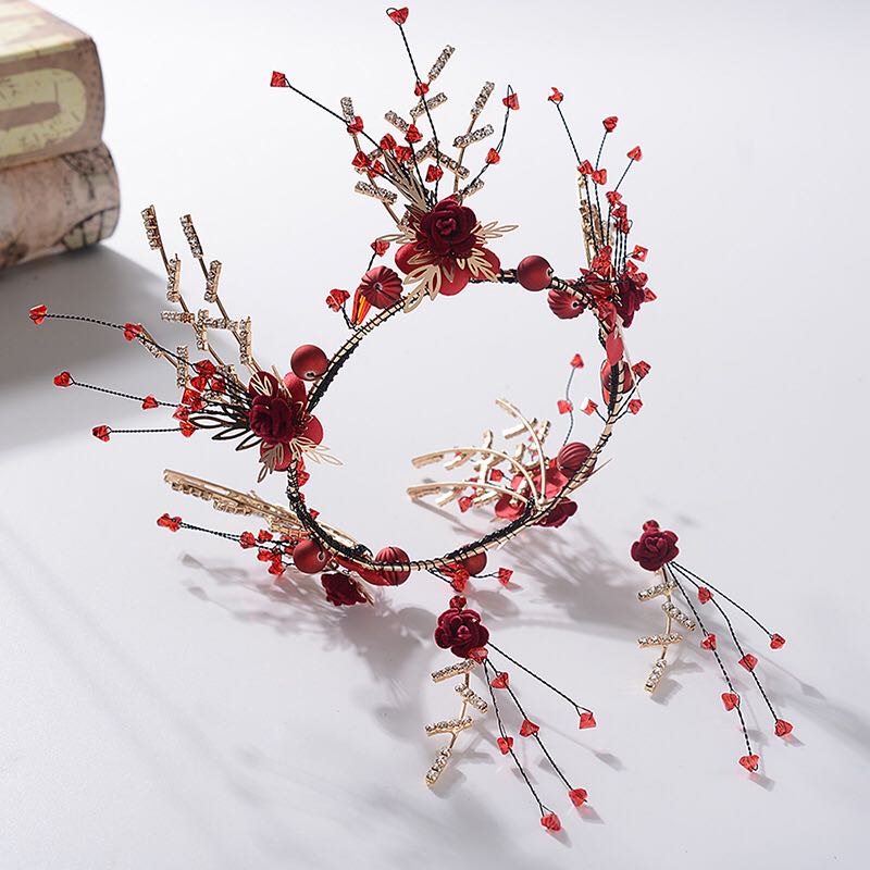 新娘皇冠头饰红色婚纱超仙礼服