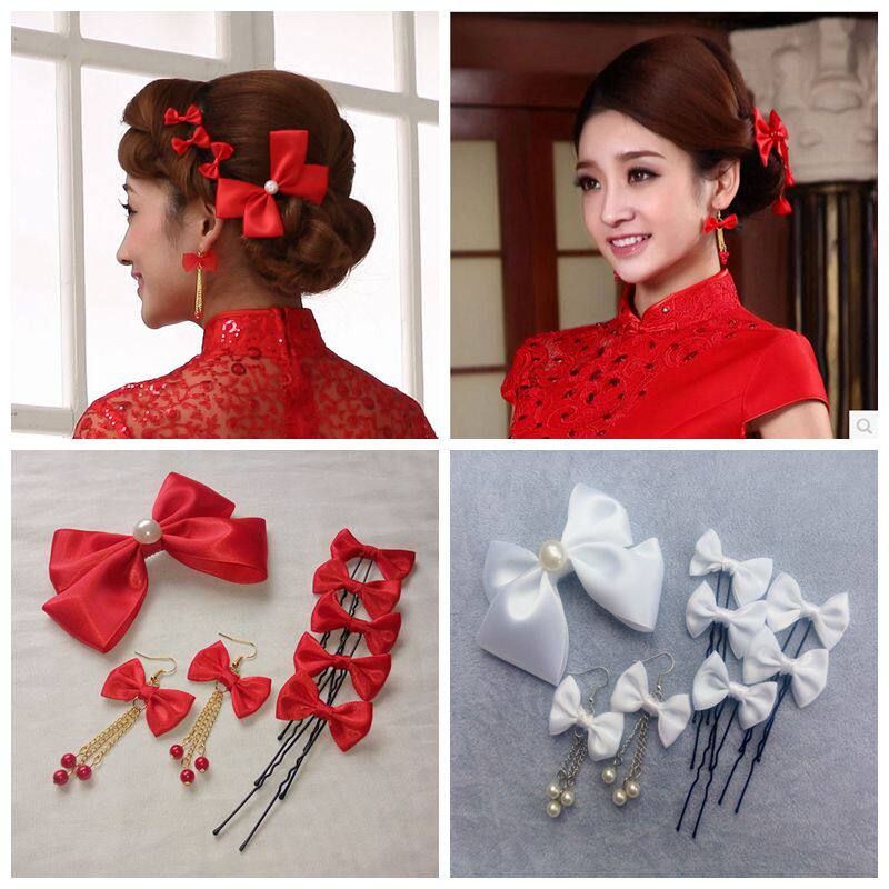新娘红色礼服配饰品发卡头饰红色白色蝴蝶结八件套装耳环u形夹321
