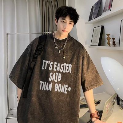 纯棉夏季潮牌做旧复古短袖痞帅字母高街男款水洗美式印花炸街T恤