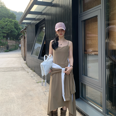 DY-2026夏季新款拼色假两件绑带收腰显瘦长款吊带连衣裙33011