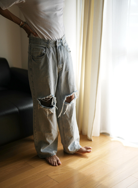 SLOOW 23ss 流浪破洞牛仔裤 春夏薄款 手工破坏做旧 复古宽松水洗