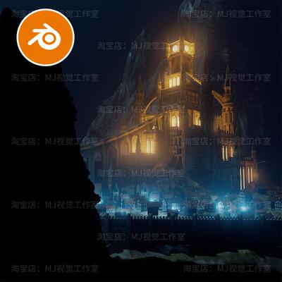 城堡blender宫殿山脉大山城镇中世纪场景童话黑夜模型建模2154