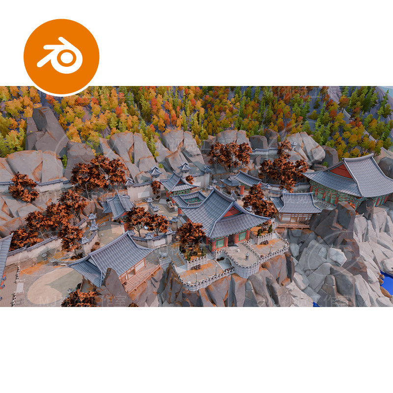 blender中国风悬崖建筑房子屋子道观寺庙山脚模型建模古代3066