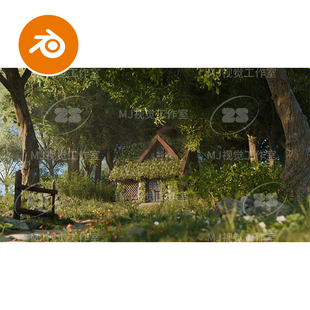blender森林木屋屋子童话世界草地植物小屋花园场景模型建模3158