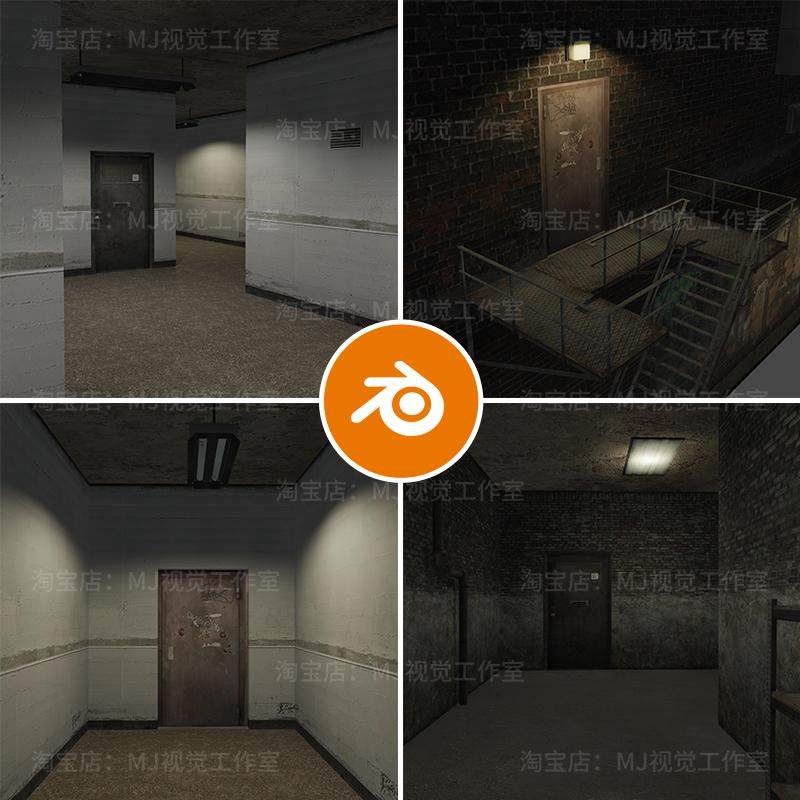 blender复古房子破旧屋子楼梯住宅走廊昏暗场景模型建模素材2099