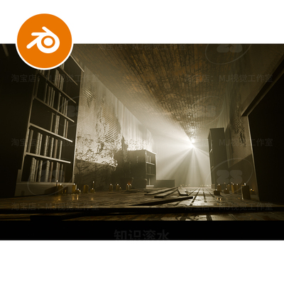 Blender昏暗复古走廊破旧木板书柜蜡烛恐怖场景模型建模渲染2809