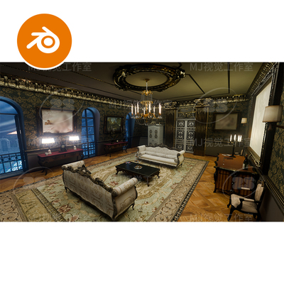 blender豪华室内皇宫皇室酒店场景辉煌客厅欧洲古典模型建模3044