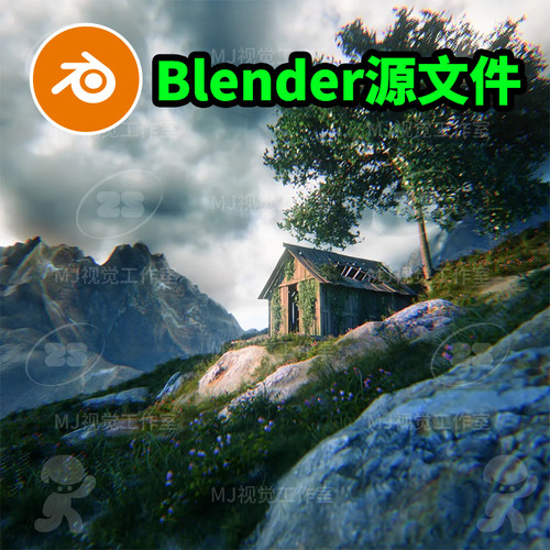 Blender户外荒野木屋破旧荒废草地山坡藤蔓场景山地模型渲染3401