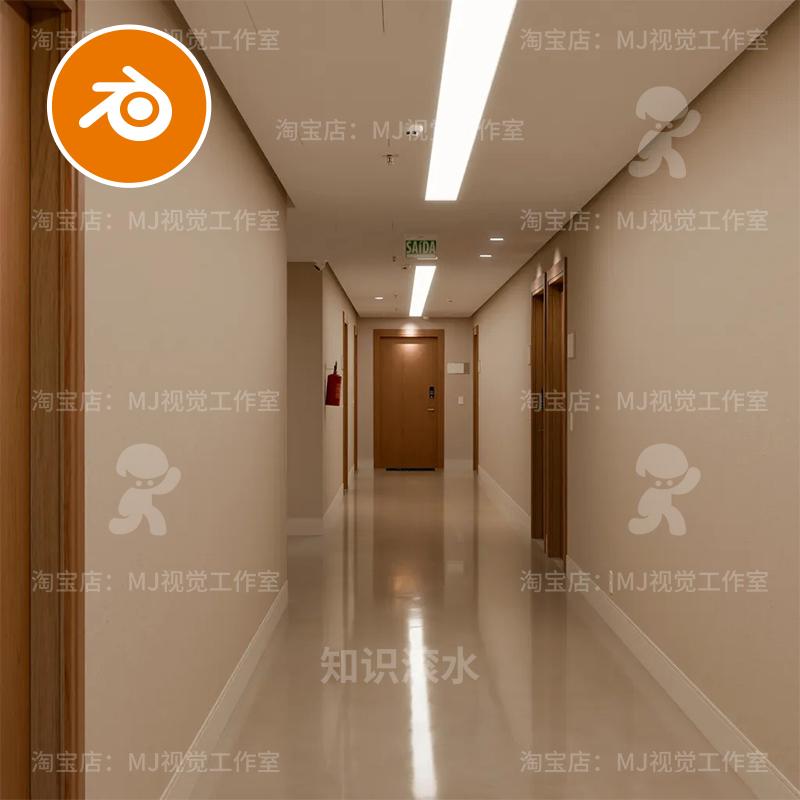 blender走廊暖色调木酒店公寓灯光渲染模型建模现代室内场景2316