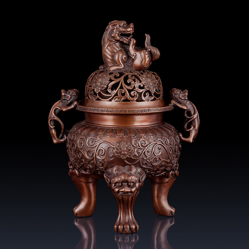 仿古紫铜瑞兽狮子香炉紫铜熏香工艺品办公室装饰品香炉紫铜礼品