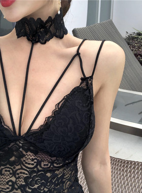 复古港味chic吊带背心女美背镂空漏锁骨挂脖蕾丝裹胸打底上衣外穿