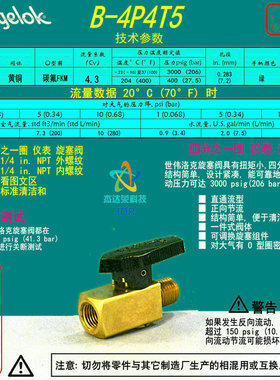 【B-4P4T5】Swagelok世伟洛克黄铜1/4圈 旋塞阀1/4 inNPT内外螺纹