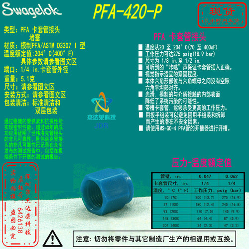 【PFA-420-P】Swagelok世伟洛克PFA 卡套管接头1/4 in. 外径堵塞