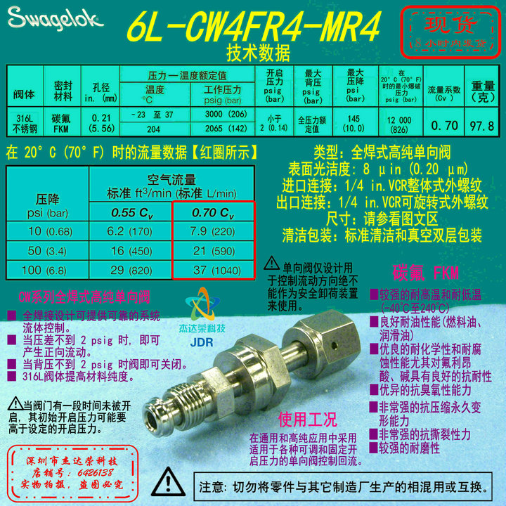 【6L-CW4FR4-MR4】Swagelok世伟洛克高纯单向阀1/4 in. VCR内螺纹