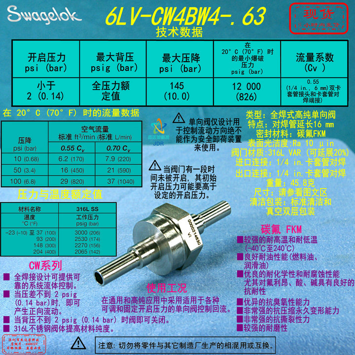【6LV-CW4BW4-.63】Swagelok世伟洛克高纯单向阀1/4 in.对焊延长