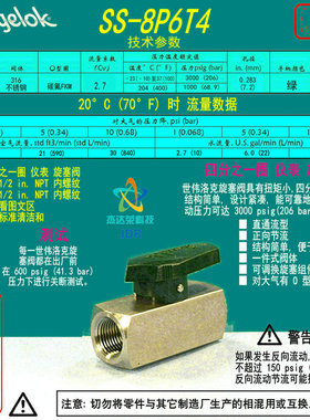 【SS-8P6T4】Swagelok世伟洛克 四分之一圈仪表旋塞阀1/2 in. NPT