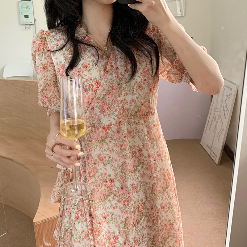 實拍實價~花影海夜與仲夏氣韓系碎花長款連衣裙