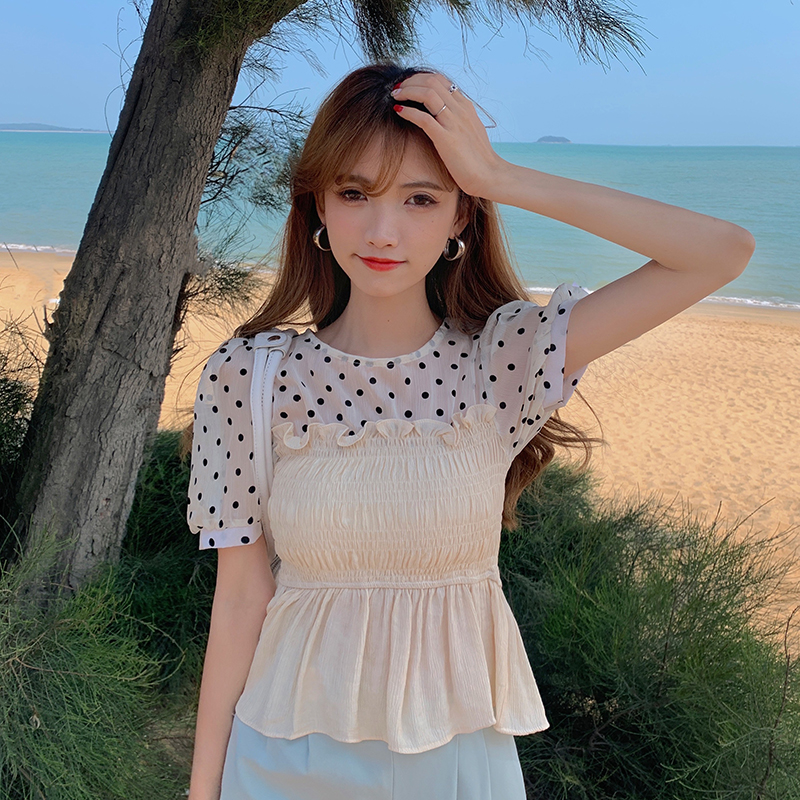 Real price ~ Korean Short Sleeve polka dots round neck short sleeve top