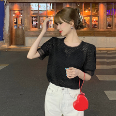 Real price ~ Korean versatile loose top retro lace bottomed bubble sleeve top