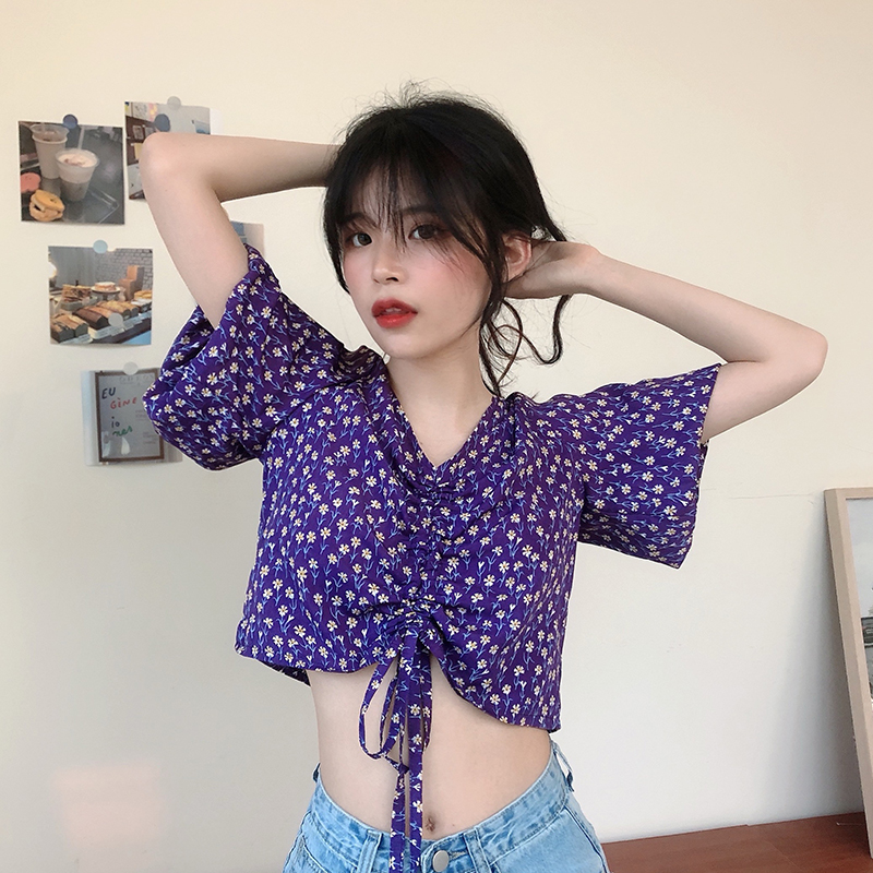 Real price real shot ~ summer slim floral drawstring top women's short sleeve V-neck short shirt