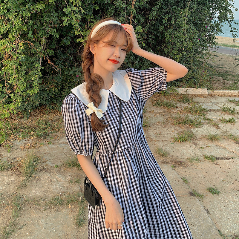 Real price ~ summer new color matching baby collar Lapel age reducing Plaid Dress