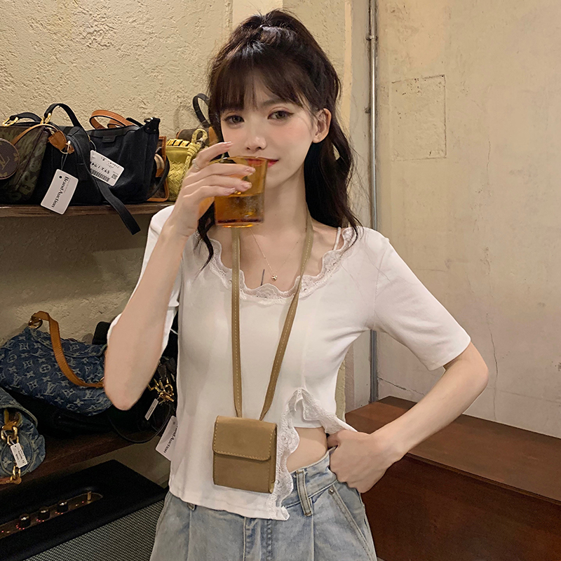 Real price ~ lace V-neck top women's split slim short sleeve T-shirt