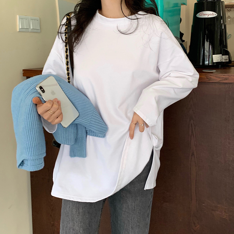 Real shot real price Plush thickening simple and versatile white t-sleeve split mid length round neck long sleeve bottoming shirt