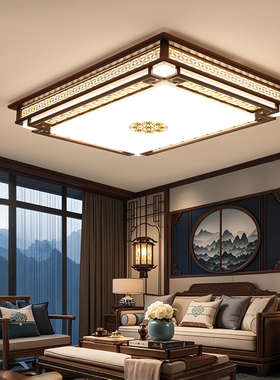 新中式吸顶灯客厅灯实木羊皮灯木艺复古茶室长方形古典书房卧室灯