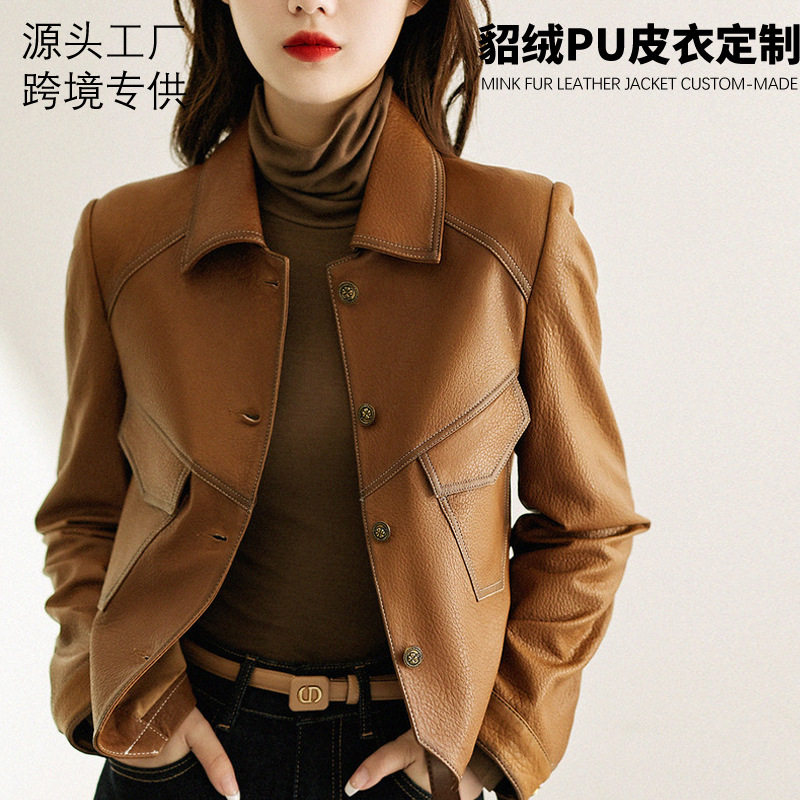 小鹿海宁春秋新款皮外套单里布皮衣女短款修身机车女士短款皮衣