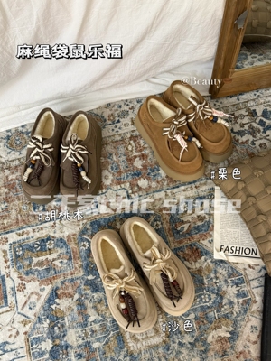 二千家 25s冬新款韩系厚底羊毛袋鼠抽绳勃肯鞋女复古豆豆鞋乐福鞋