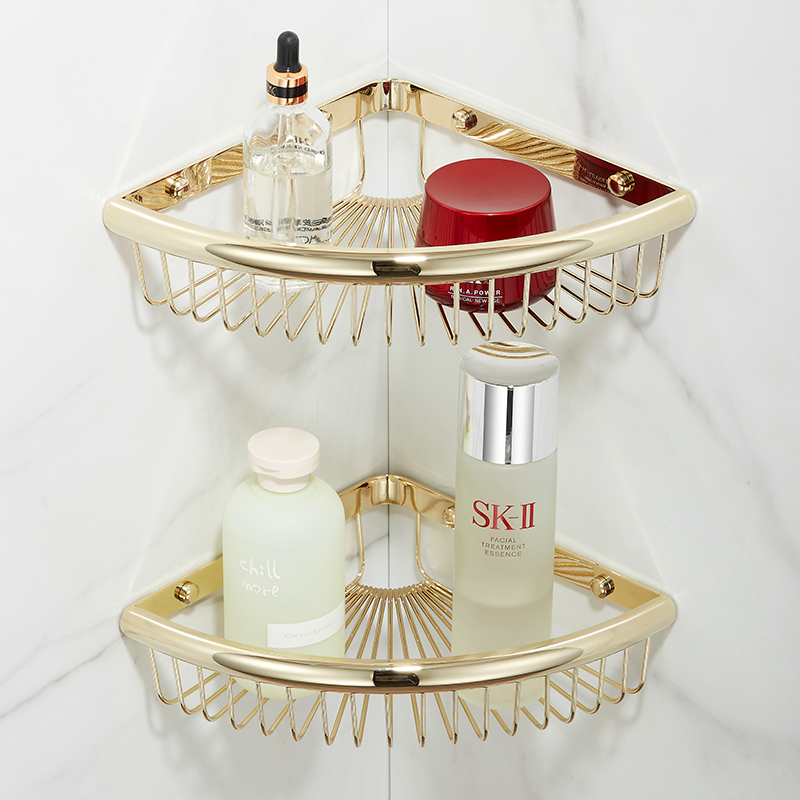 全铜卫生间三角篮浴室置物架金色淋浴墙上沐浴露收纳三角架免打孔