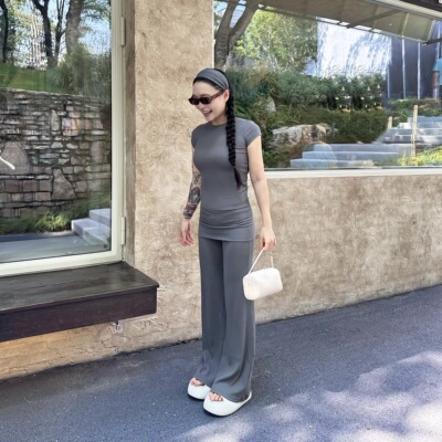 可翻折高腰直筒裤小个子显瘦