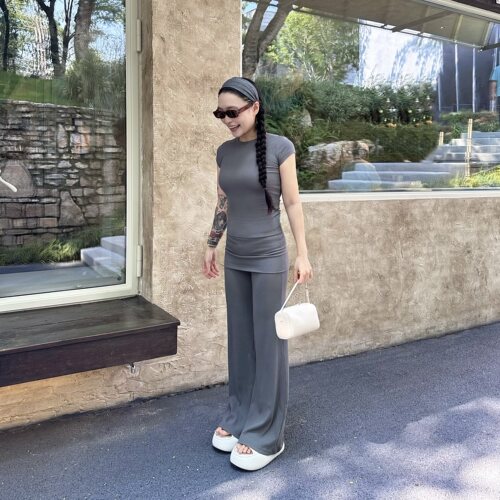 可翻折高腰直筒裤小个子显瘦