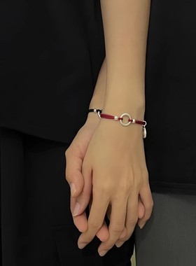 足银999国风中式情侣平安扣红绳编织手链女黑绳纯银吊坠喜乐手绳