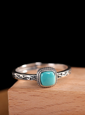 人品银品S925纯银镶嵌方形松石戒指个性复古女款百搭几何开口指环