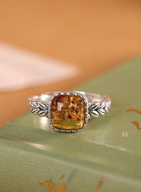 人品银品 S925银 复古做旧个性镶嵌琥珀方形麦穗指环开口百搭戒指