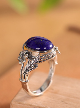 人品银品文艺复古S925银镶嵌青金石泰银指环百搭个性花瓣做旧戒指