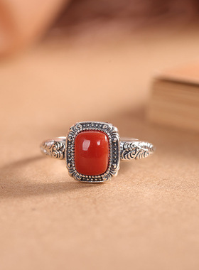 人品银品s925银南红玛瑙戒指小方糖祥云花边开口指环文艺复古手饰