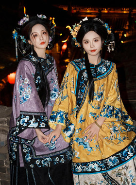 清汉女闺蜜照清代女装马面裙重工印花圆领紫色晋商少奶奶格格服装