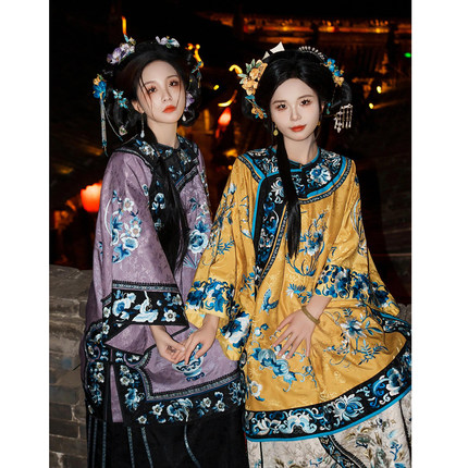 清汉女闺蜜照清代女装马面裙重工印花圆领紫色晋商少奶奶格格服装