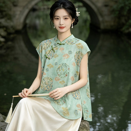 温柔国风印花棉绸无袖上衣女新中式立领盘扣夏季百搭气质国风小衫