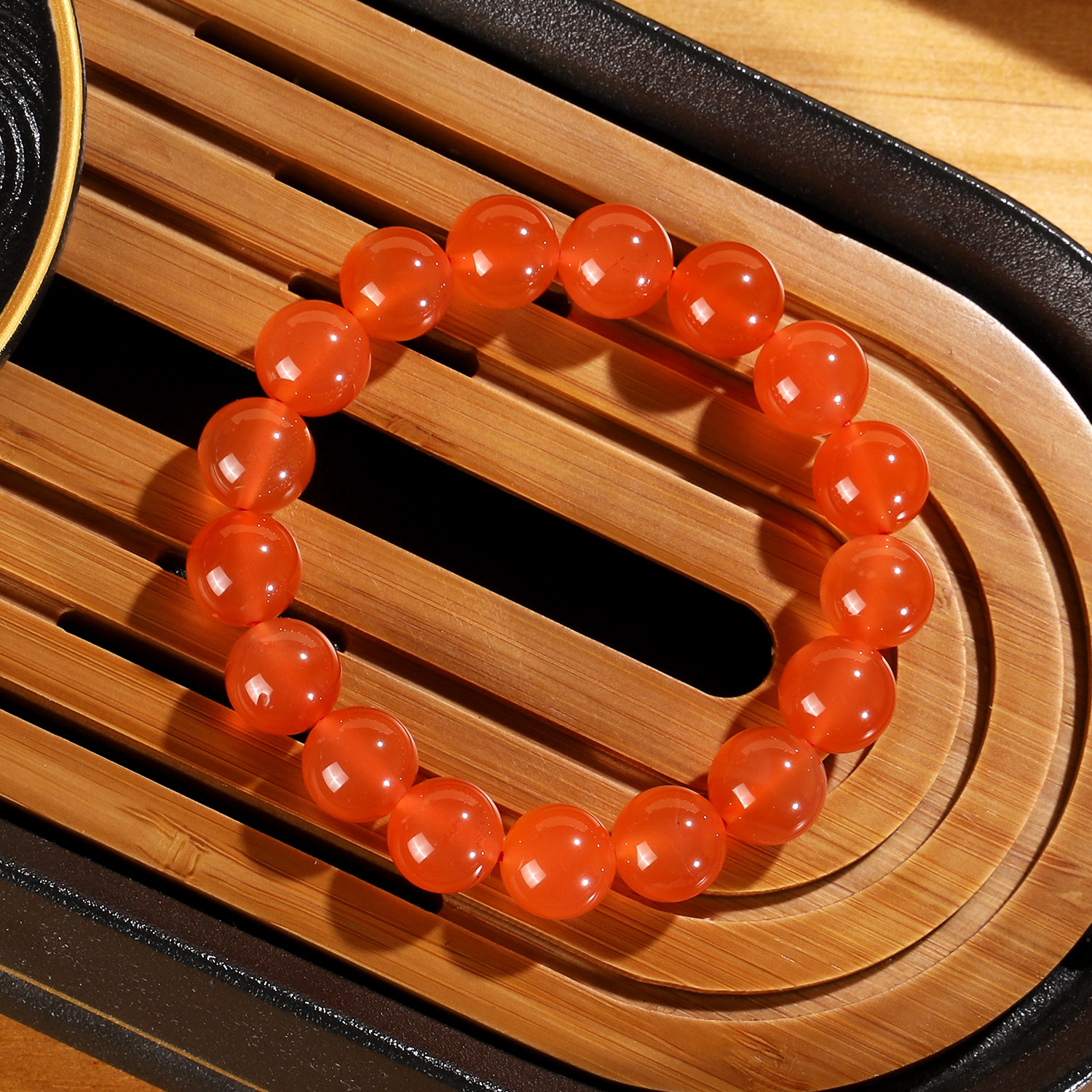 精品保山冰红南红手串11mm qh71 河湾料髙级珠宝感荧光手链单圈