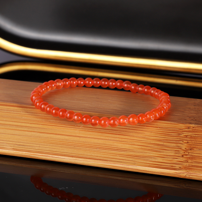 天然精品保山冰红南红手串4mm 河湾料 珠宝感荧光南红手链单圈