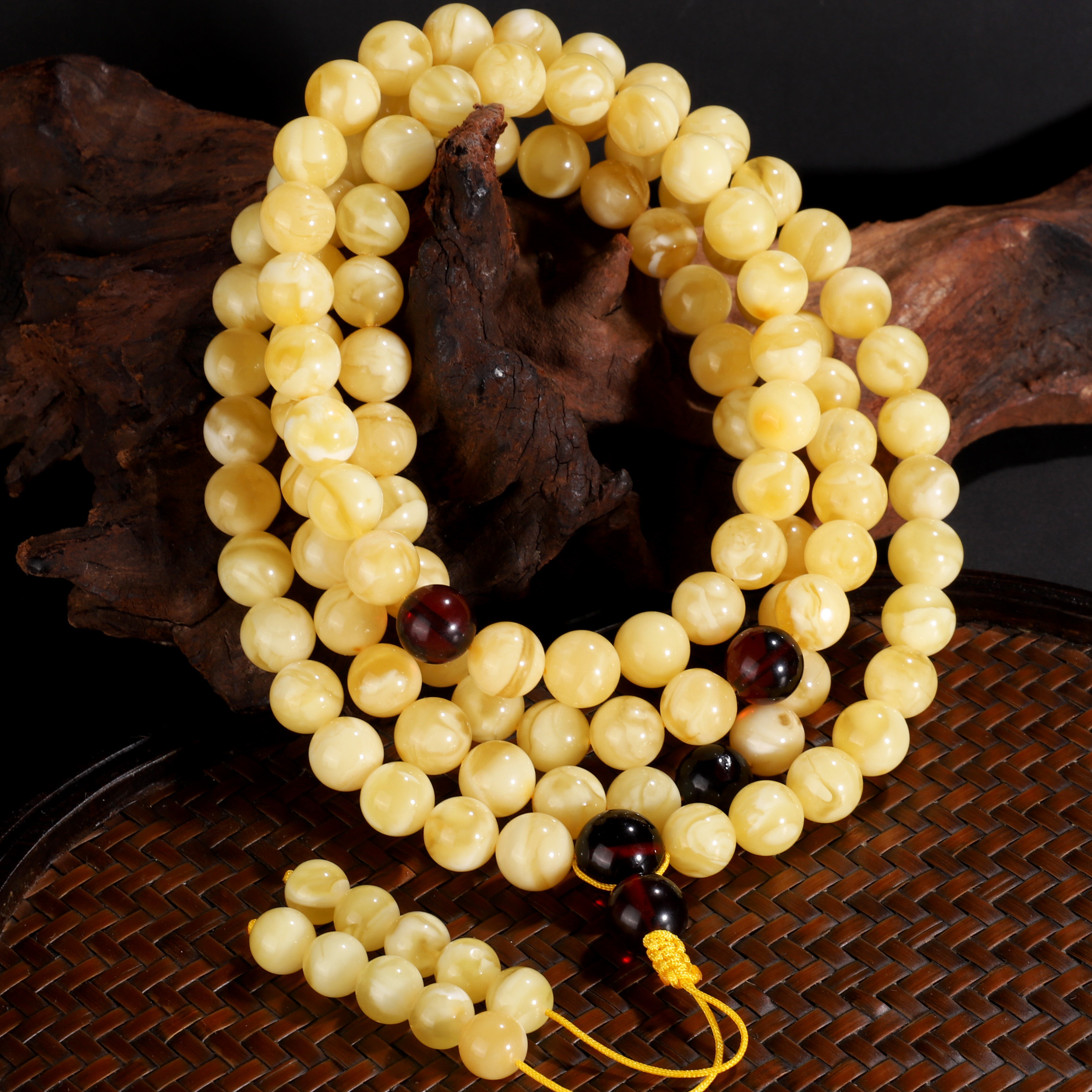 天然俄料蜜蜡佛珠9mm 佛珠108链毛衣链鸡油黄白蜡妖花纹 WX50