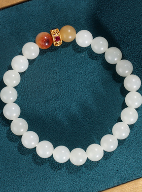 天然和田玉白玉手链8mm单圈柔光 羊脂白玉设计款圆珠手串女QC02号