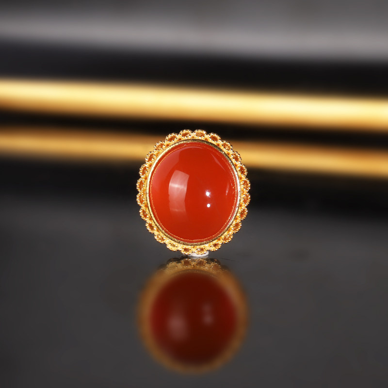 原矿保山冰红南红配珠 小糖豆 尺寸15.6x14mm 4号 18k金镶嵌南红